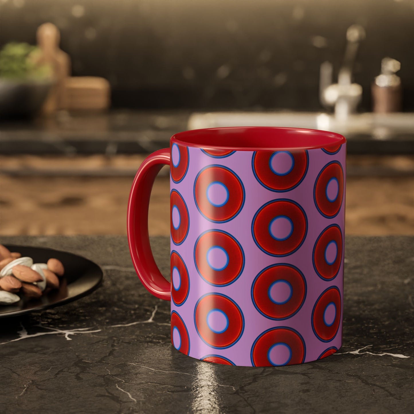 Lump's Grumpy Coffee Mug - vivid red donuts w/wisteria purple background