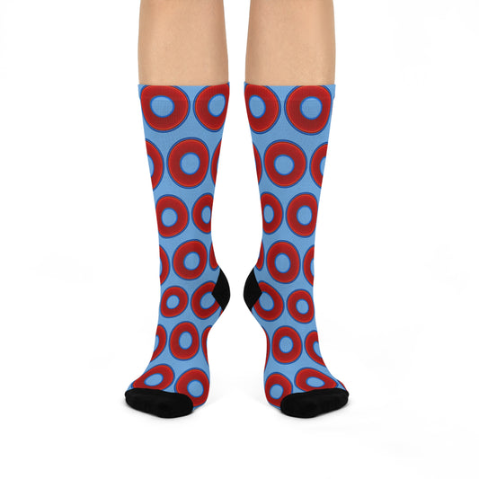 Lumpy Sox - cushioned crew - vivid red donut print w/light blue background