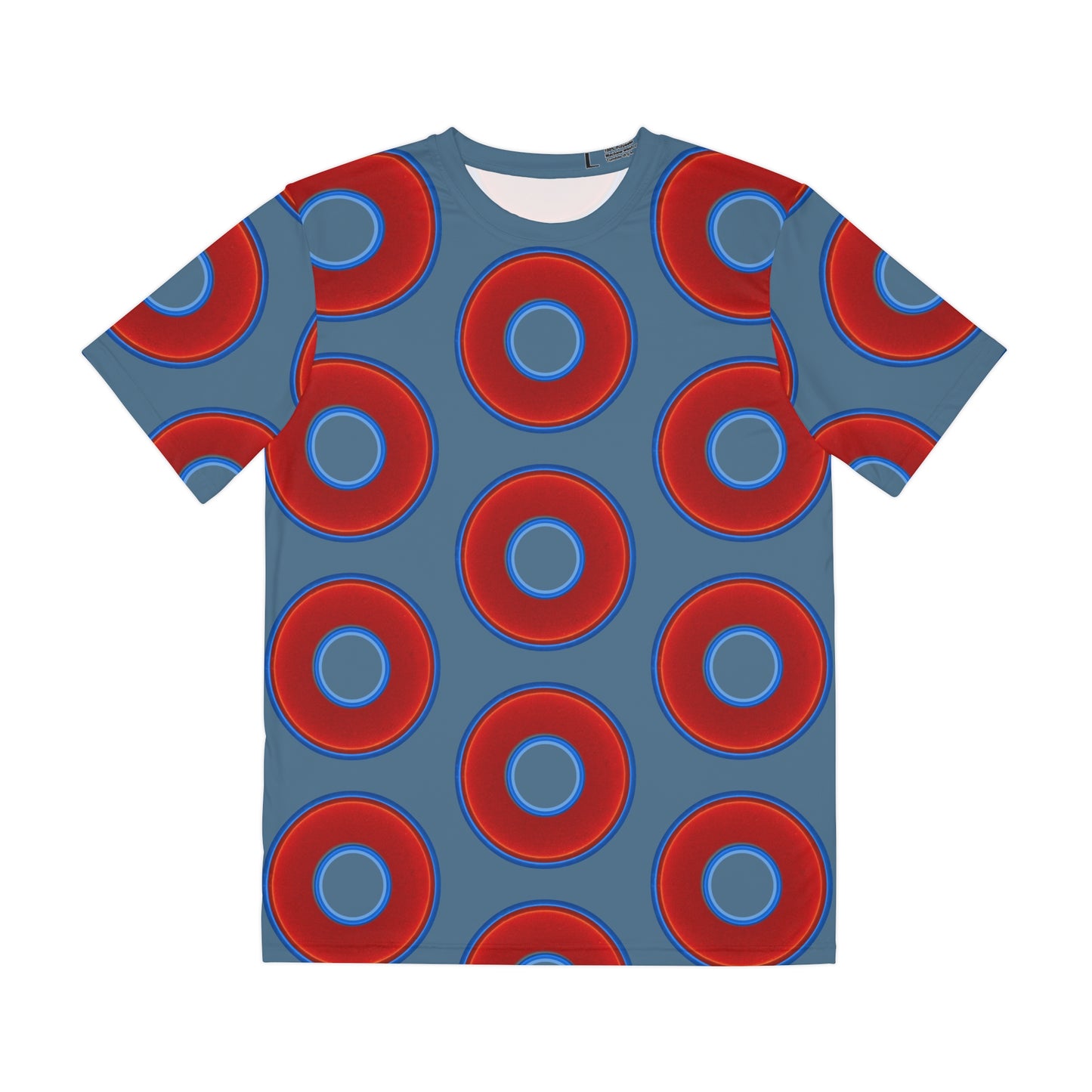 Multi-Beastie Giant Donut AOP Polyester Tee - red vivid donut print w/steel blue background