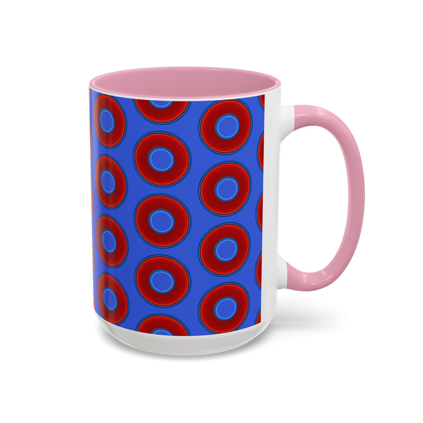 Lump's Grumpy Coffee Mug - vivid red donuts w/royal blue background