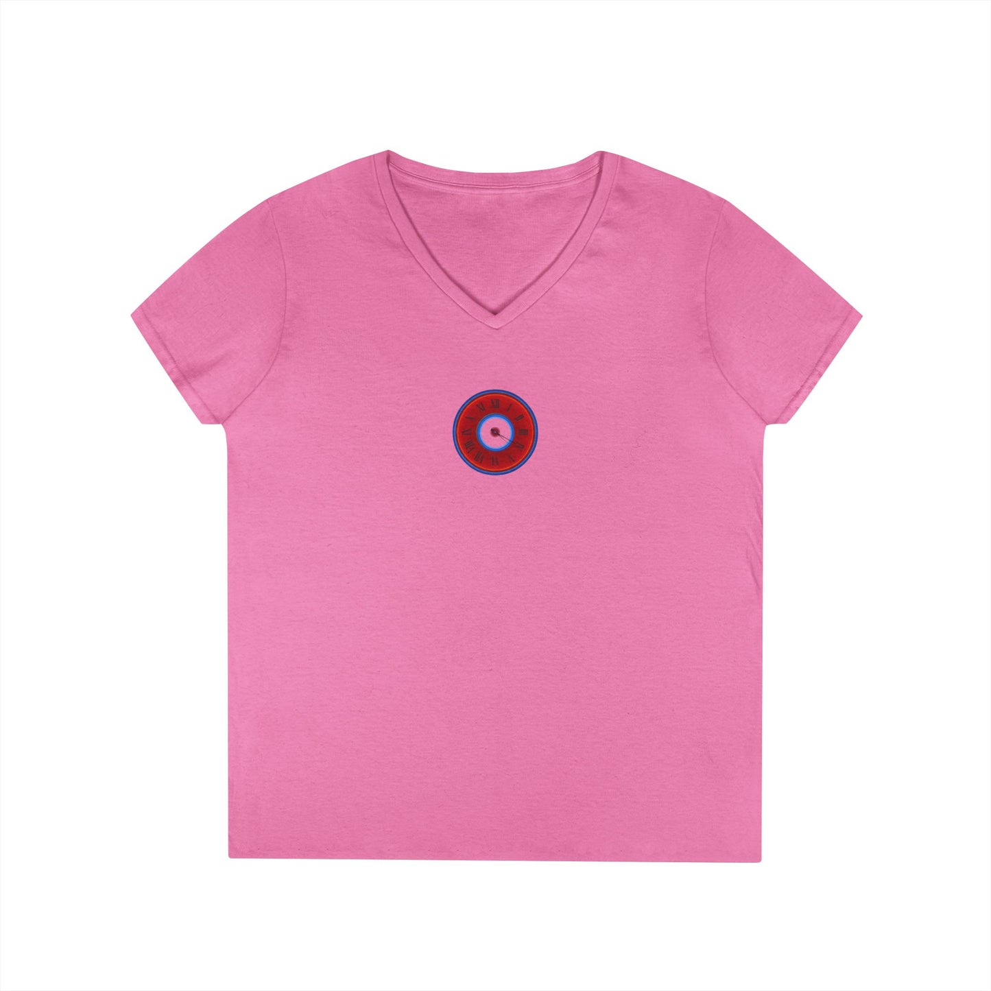Women's Donut V-Neck Tee - "Time Treasurer's Donut Tee" - vivid red donut w/clock face