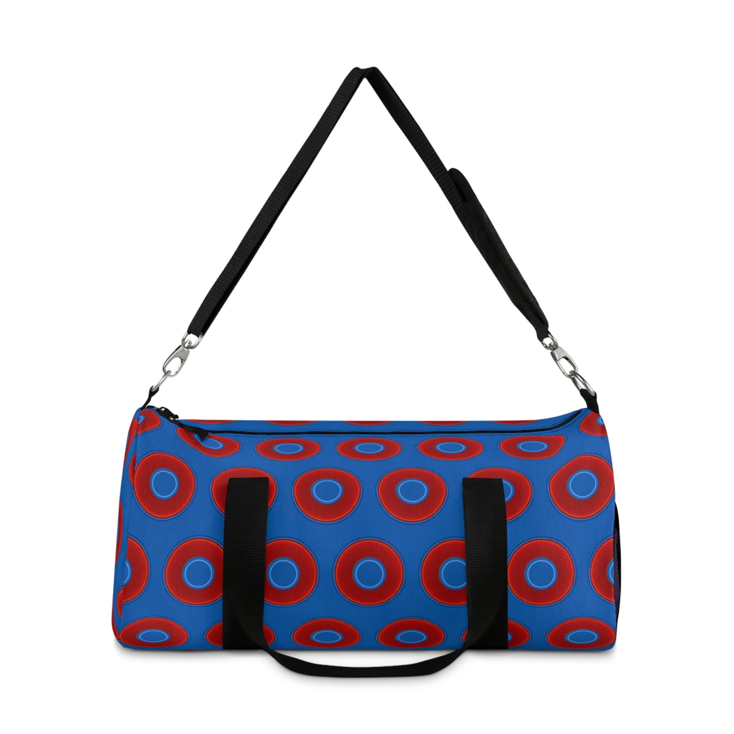 Lumpy Duffel - vivid red donuts w/dark royal blue background