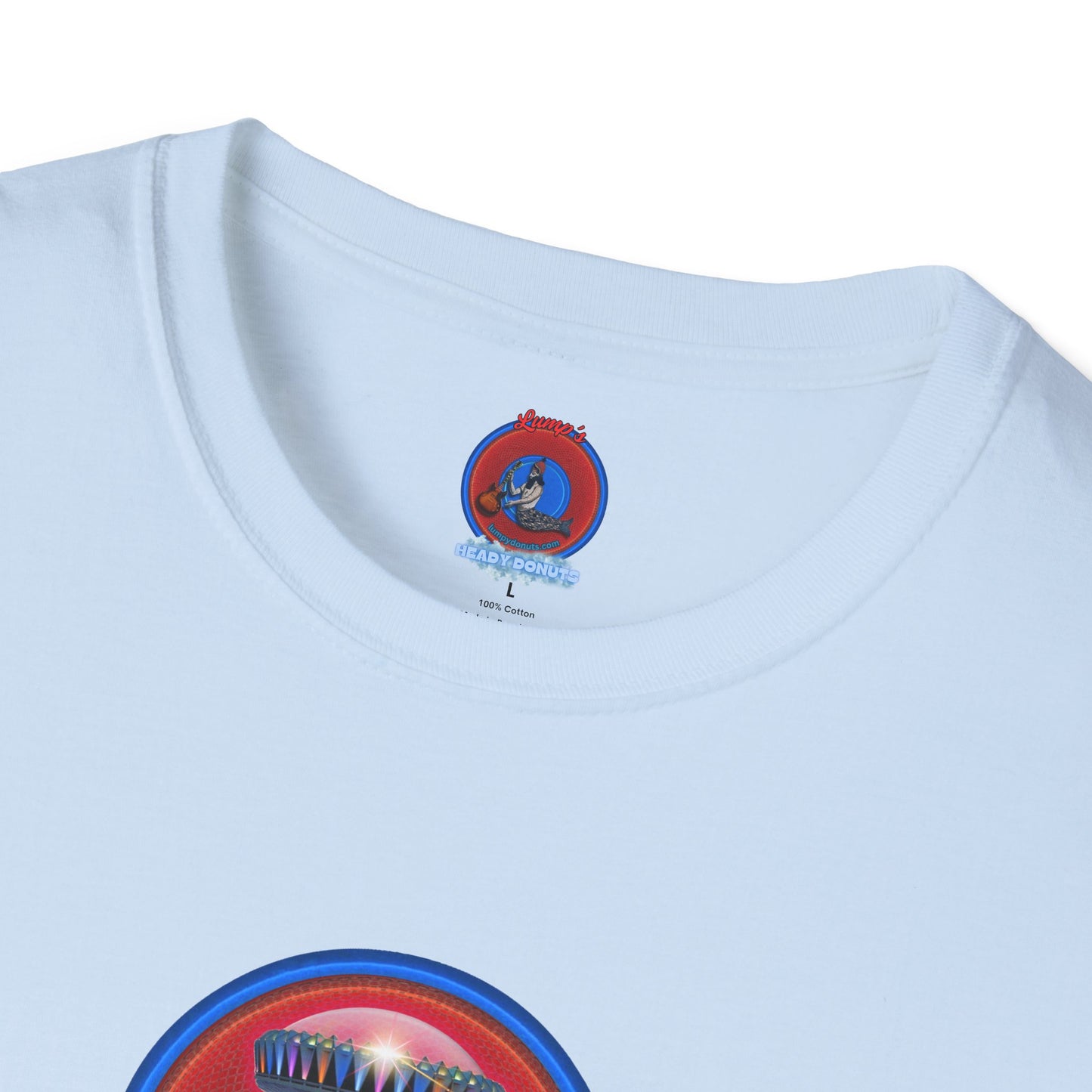 Classic Donut Tee - Unisex Soft-Style - "Donuts now Served on the Mothership" - red/blue donut