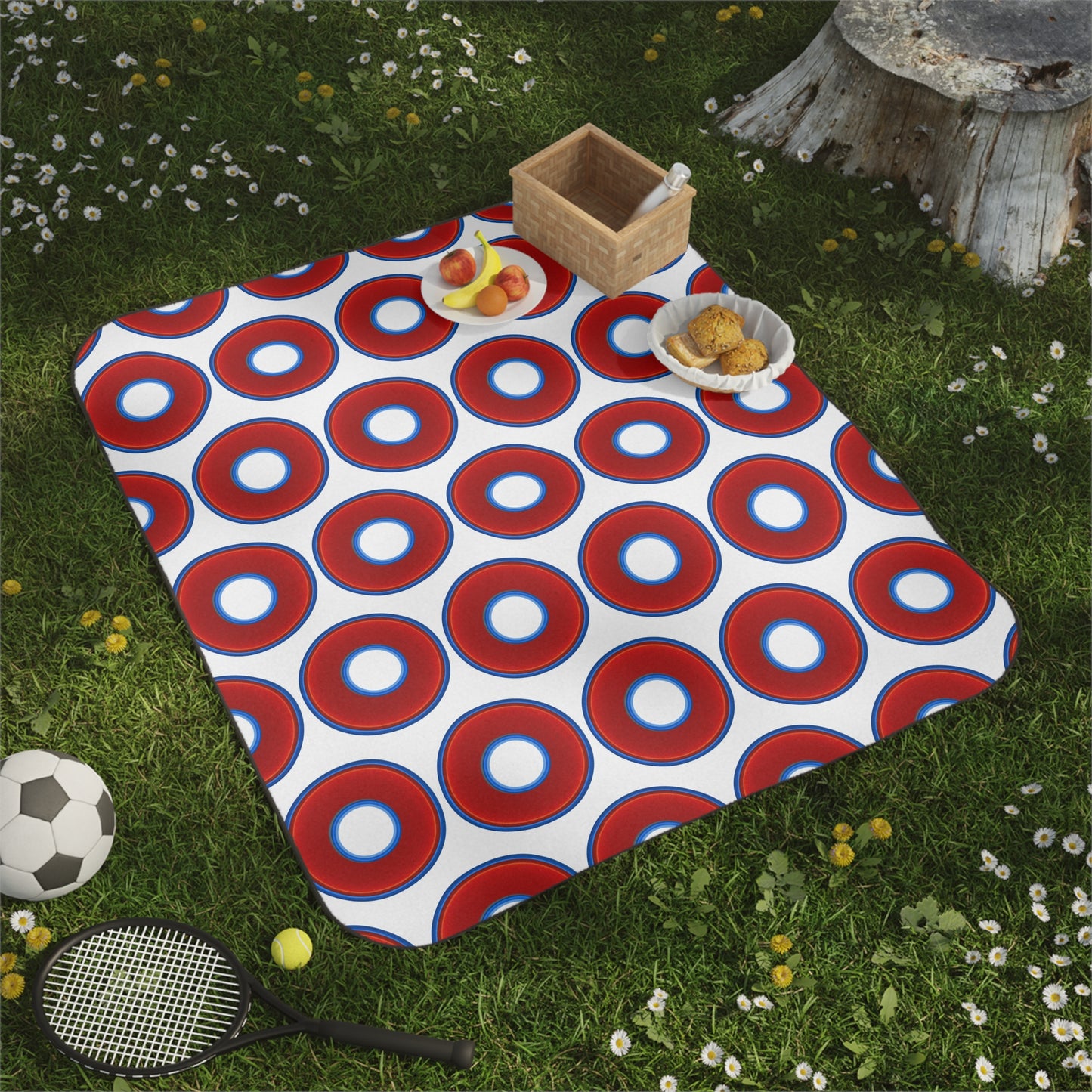 The Lumpy Party Blanket - giant water-resistant outdoor blanket [61" x 51"] - vivid red donuts w/white background