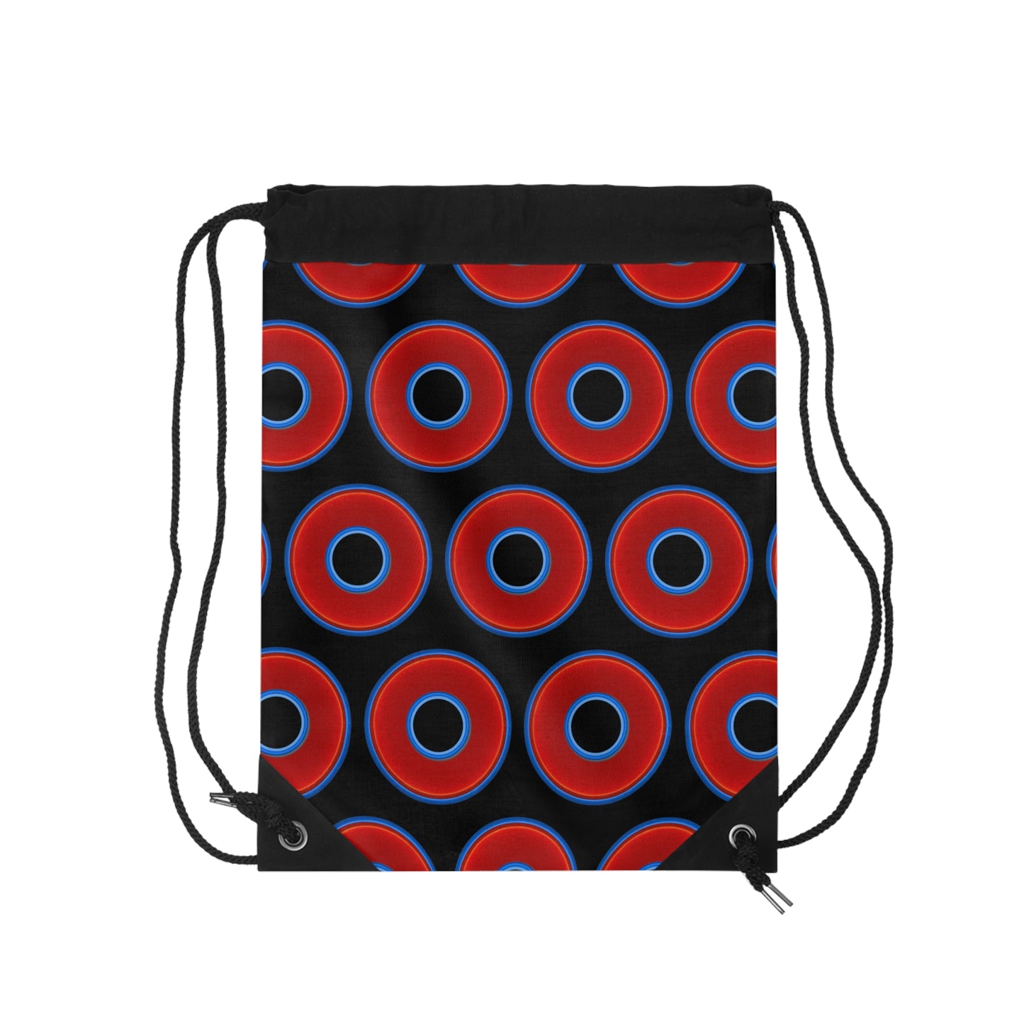 Lumpy Donut Drawstring Bag - red vivid donuts print w/black background