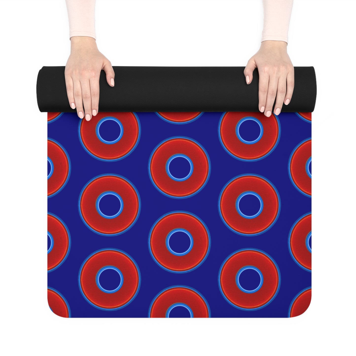 Lumpy Donut Yoga Mat :) - 24″ x 70" - vivid red donut print w/vivid navy blue background