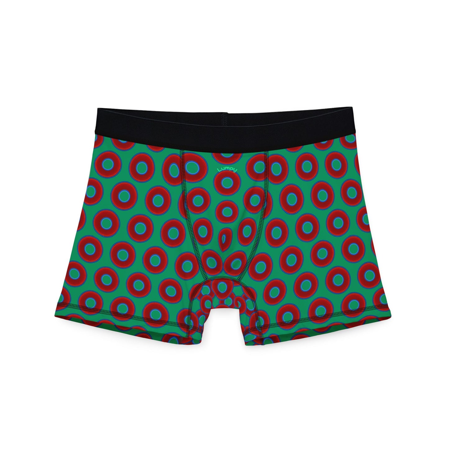 Men's Donut Boxers - red vivid donuts w/jade green background