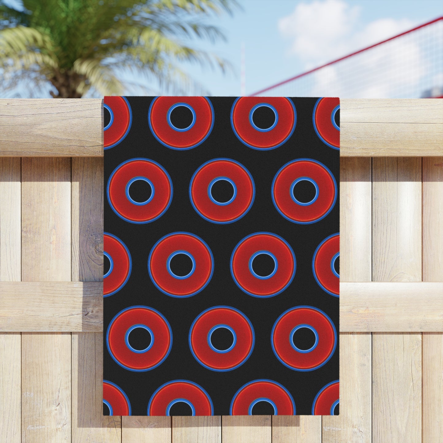 Lumpy Donut Towels - vivid red donuts w/black background