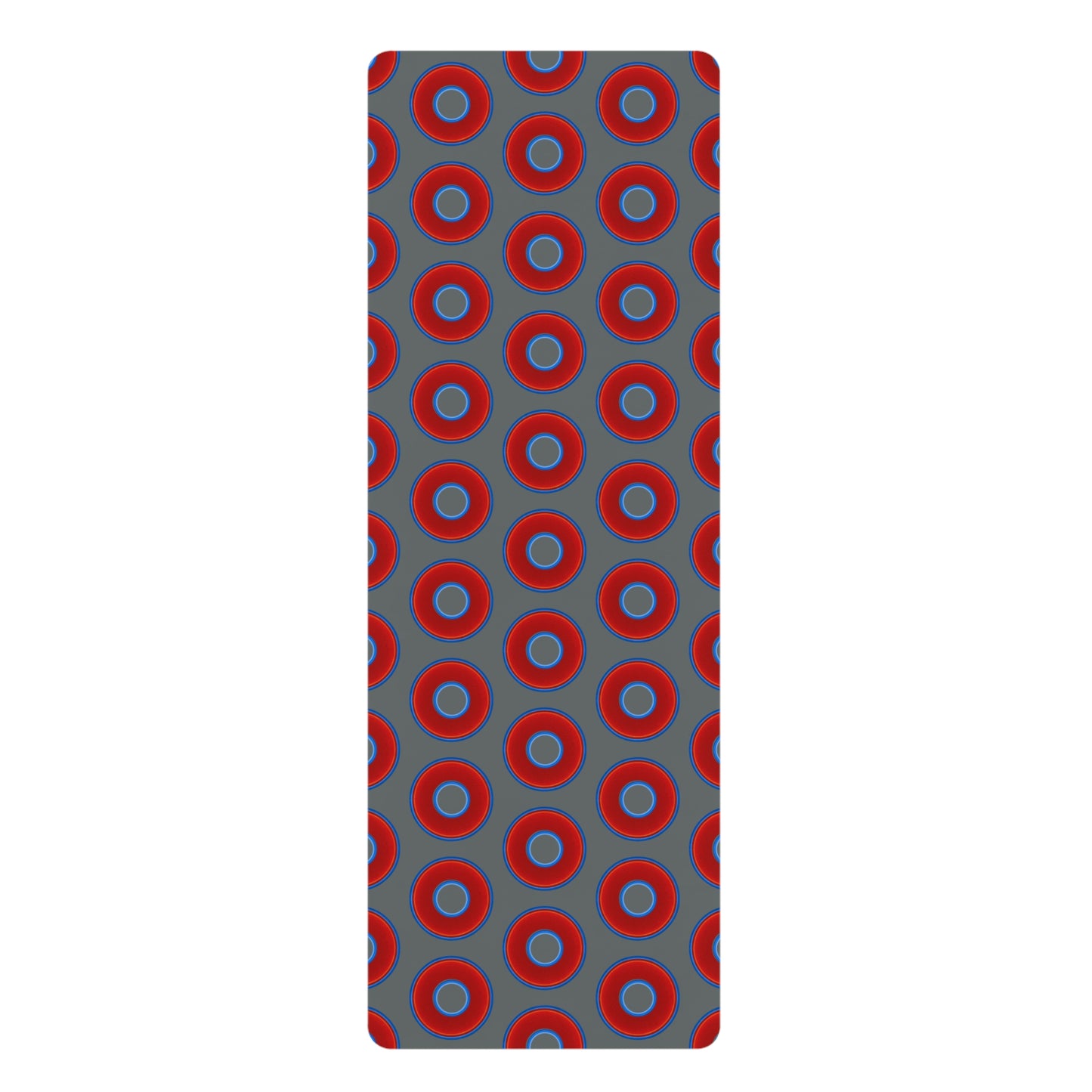 Lumpy Donut Yoga Mat :) - 24″ x 70" - vivid red donut print w/dark gray background