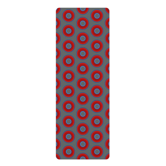 Lumpy Donut Yoga Mat :) - 24″ x 70" - vivid red donut print w/dark gray background