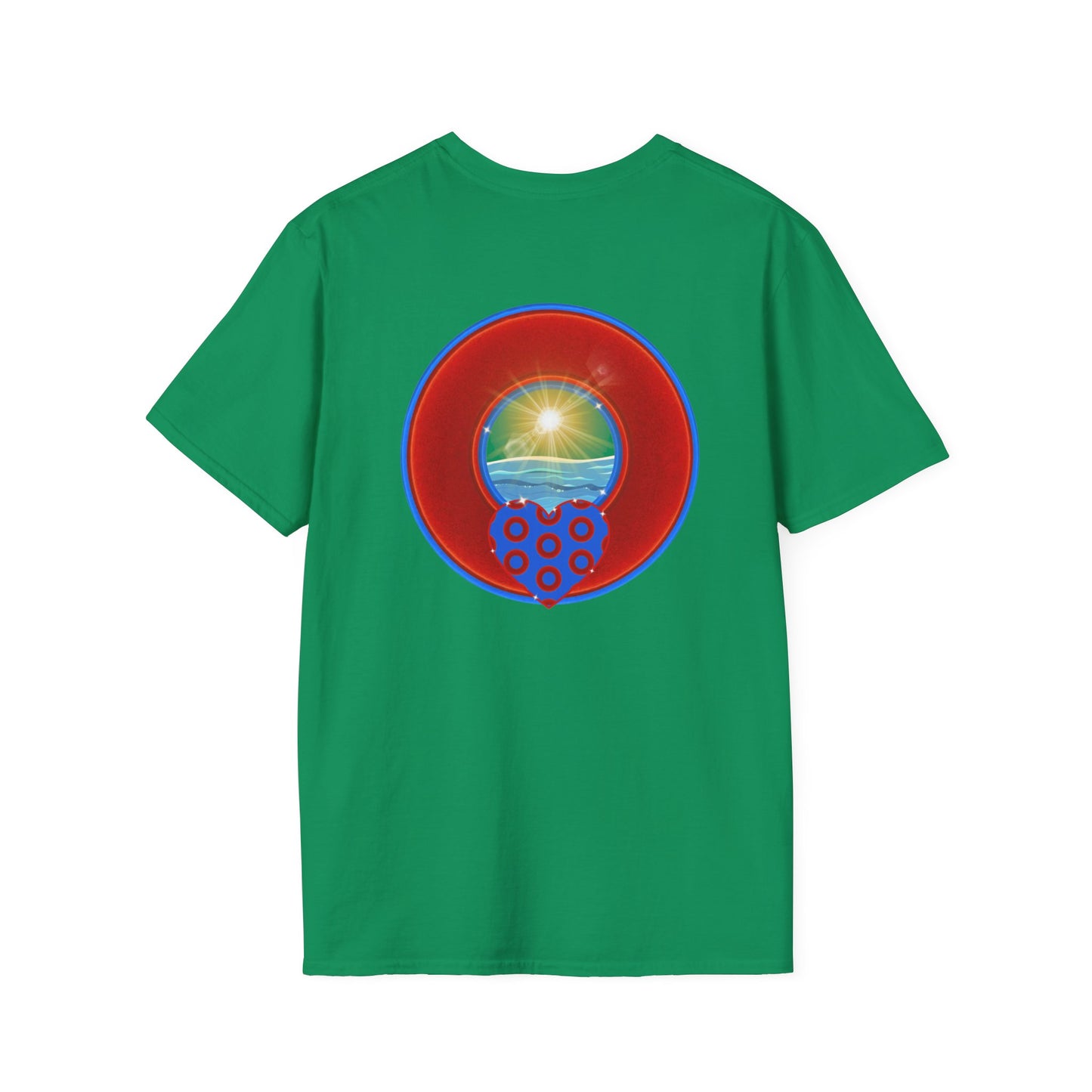 Classic Donut Tee - Unisex Soft-Style - "Ocean Donuts of Love" - vivid red donut - w/sun - variant 2