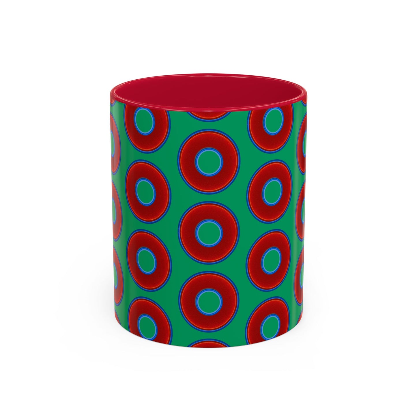 Lump's Grumpy Coffee Mug - vivid red donuts w/jade green background