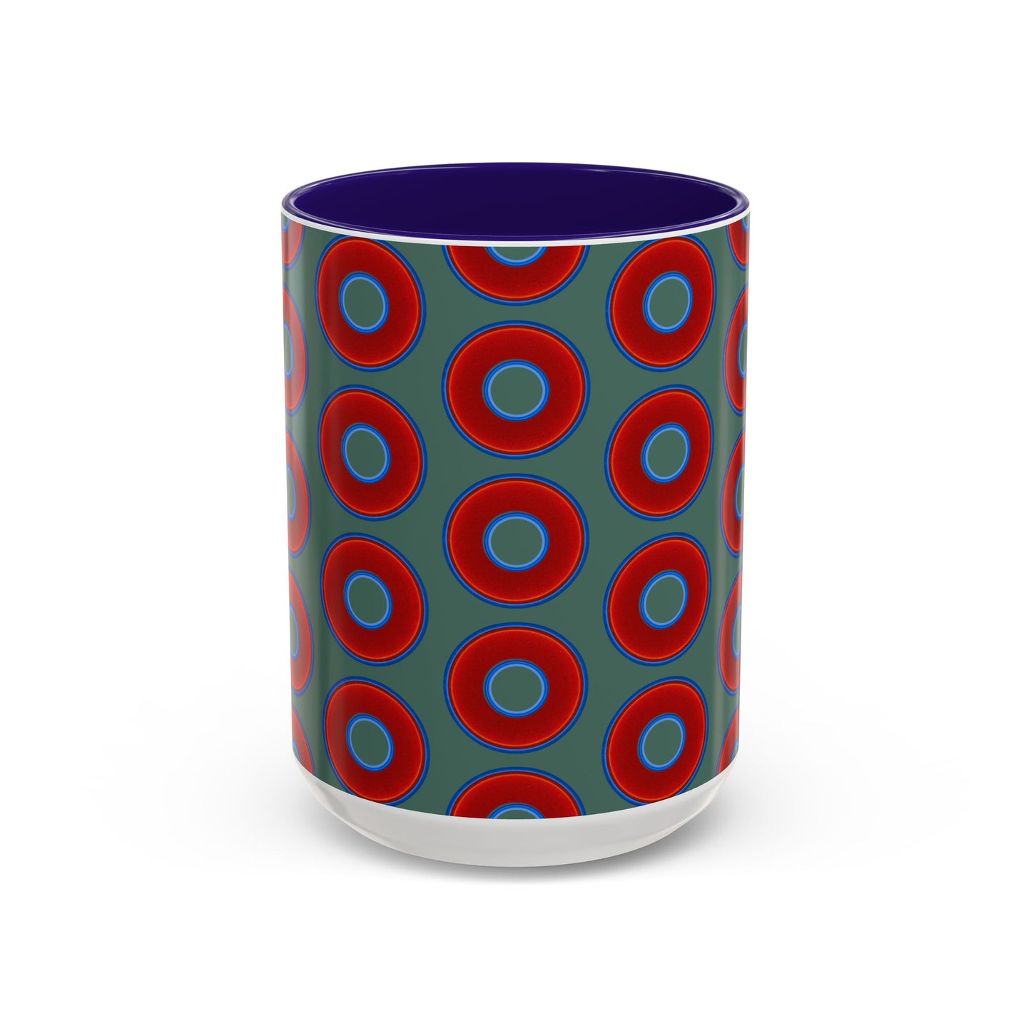 Lump's Grumpy Coffee Mug - vivid red donuts w/Fenway green background