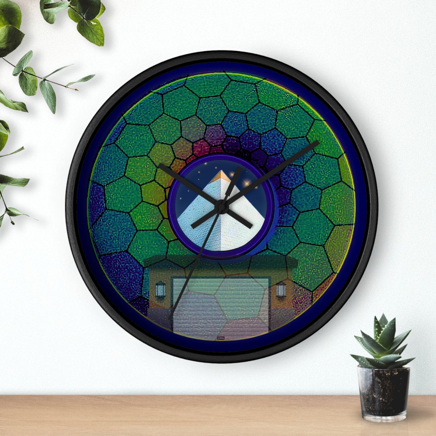 Lumpy Wall Clock - "Limestone Donut Clocks so Large" - variant 8 - green hexadonut w/navy blue background