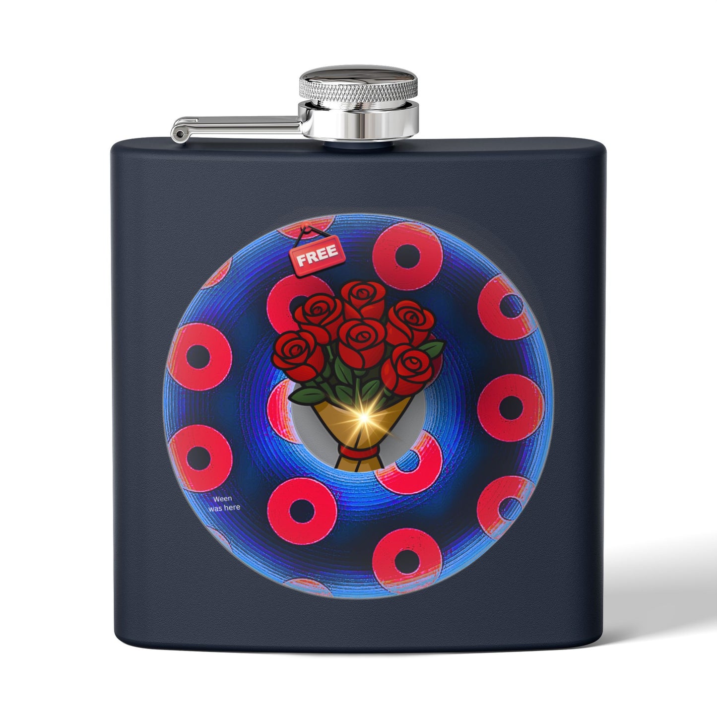 Lump's Donut Flask 6 oz -  "Donuts R Phree" - red/blue rustic donut - [*w/your choice of 6 backgrounds]