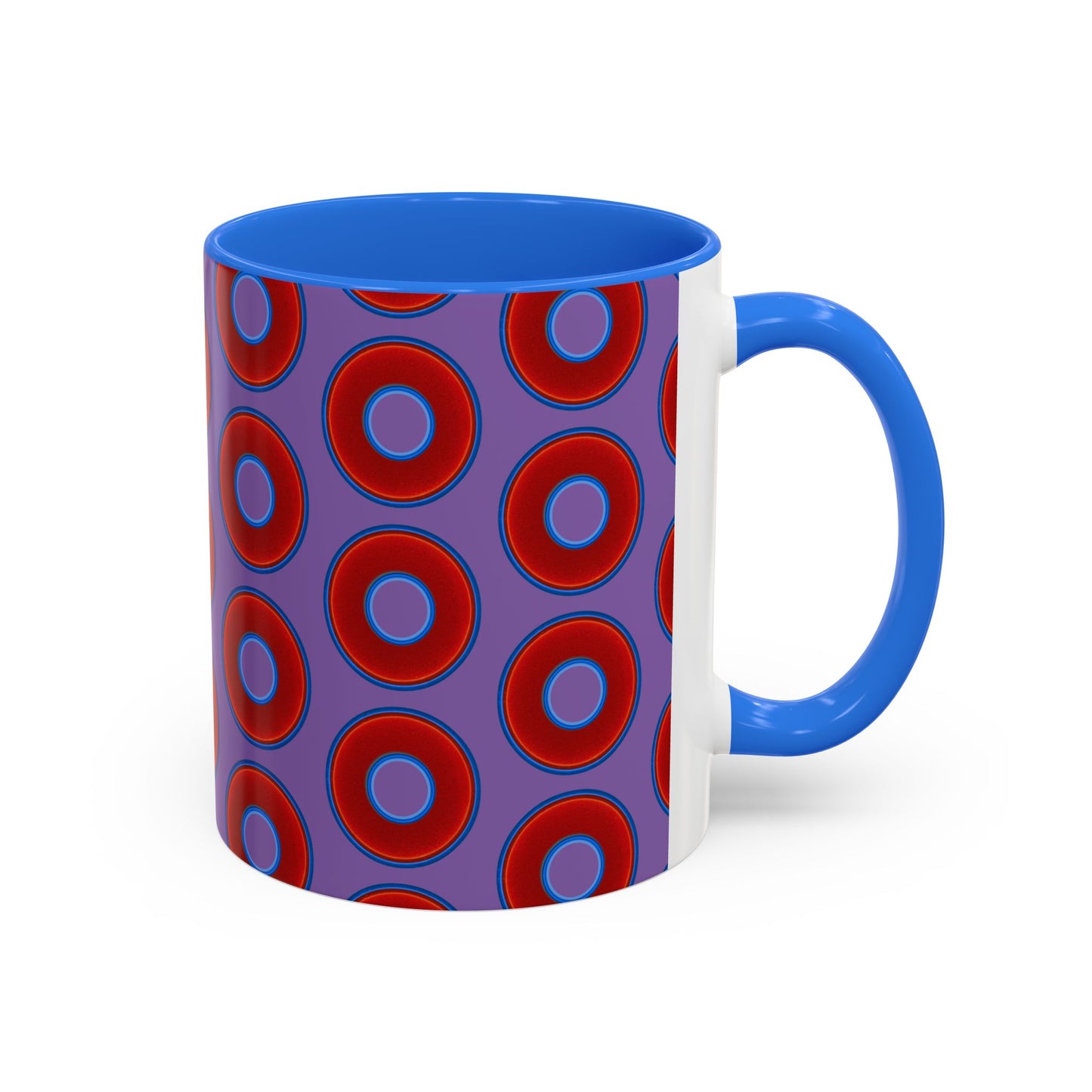 Lump's Grumpy Coffee Mug - vivid red donuts w/light purple background