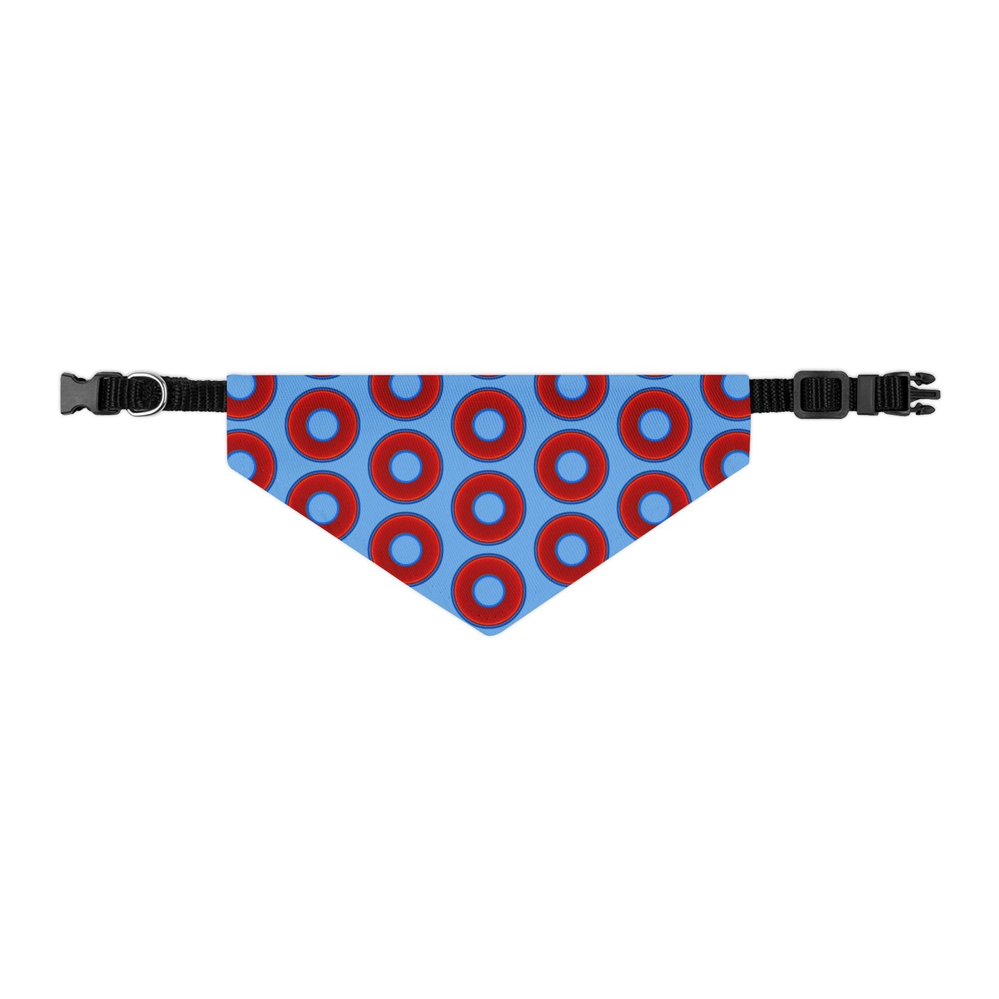 Jim's Lumpy Bandana Pet Collar - vivid red donuts w/light blue background