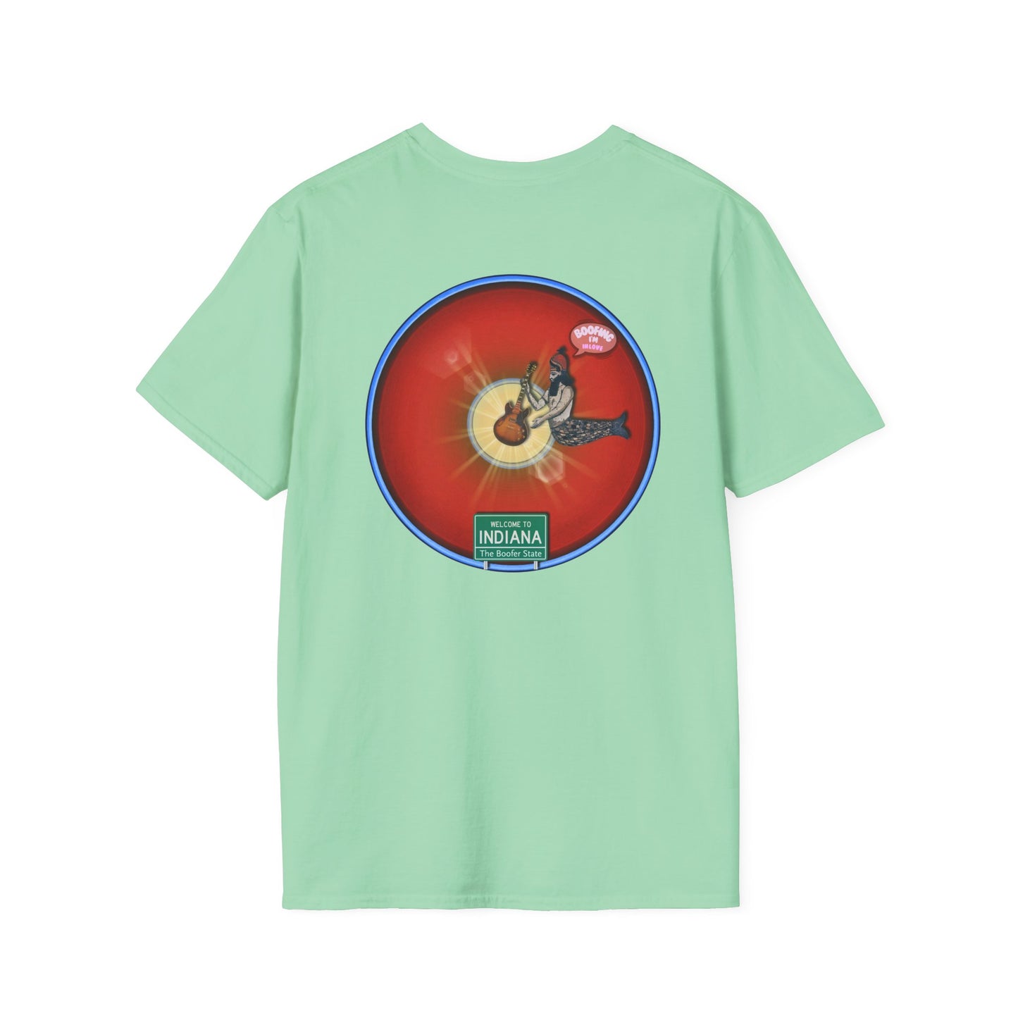 Classic Donut Tee - Unisex Soft-Style - "Indiana is for Boofers" - vivid red/blue plumpy donut - variant 2 - w/sun drop