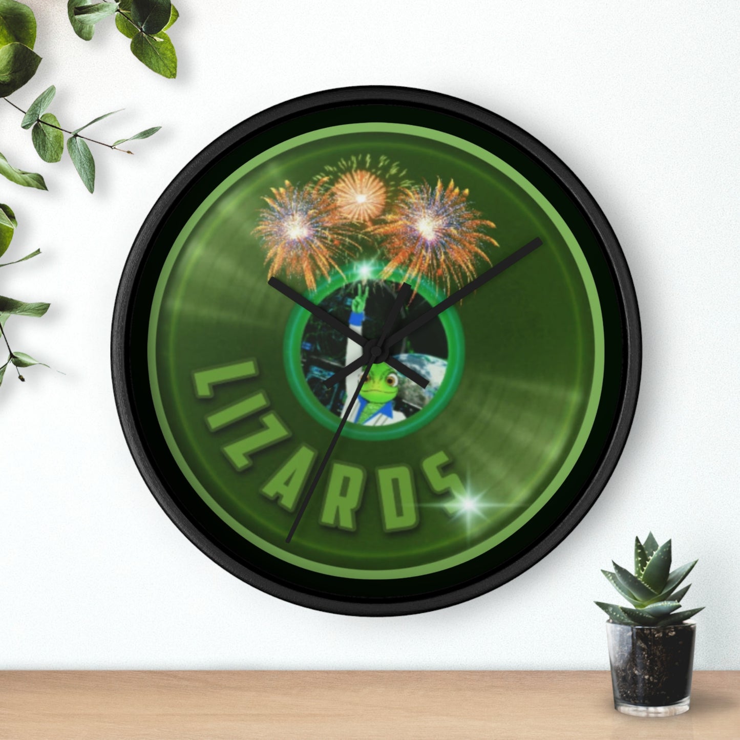 Lumpy Wall Clock - "Rutherford's Staying Alive Donut Clock" - variant 1 green vivid donut w/midnight moss green background