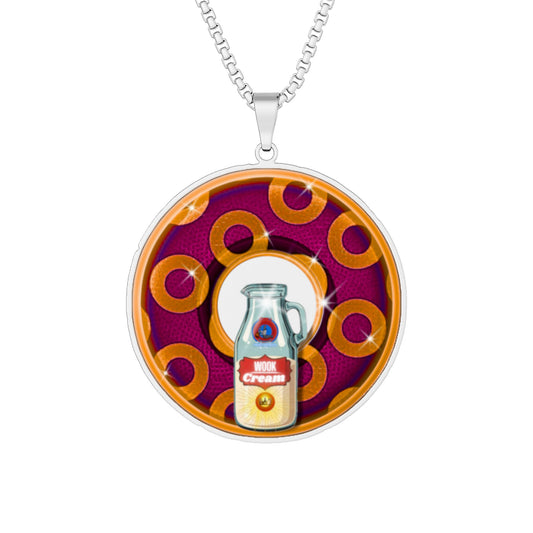 Lump's Heady Donut Necklace - 1" x 1" Stainless Steel Pendant - "Wooked Cream Dairy - YEMSG Donut - Princely Edition" - burgundy/orange rustic paradox donut - variant 1
