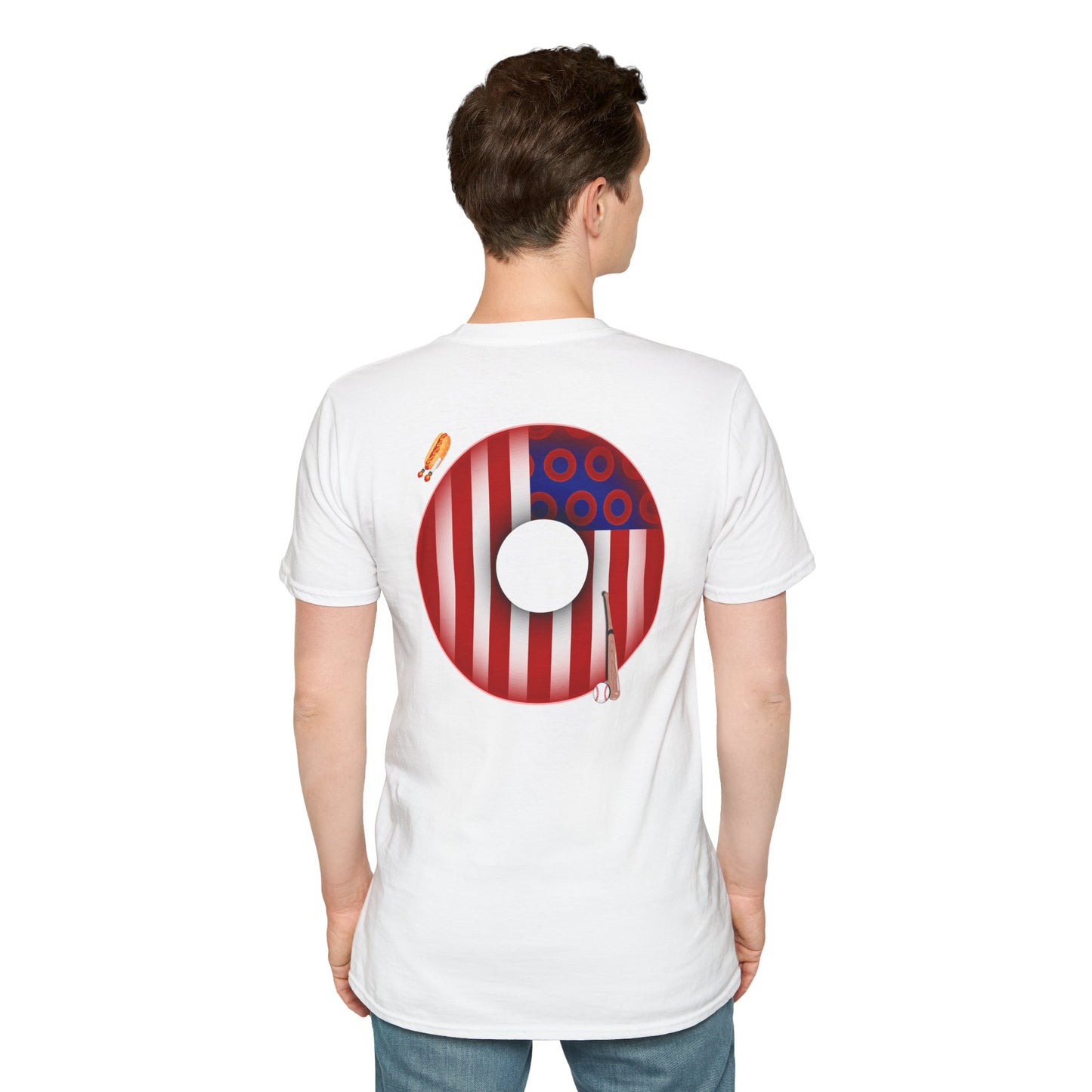Classic Donut Tee - Unisex Soft-Style - "Uncle Sam's Donuts & Stripes" - vivid flag donut w/raw dogger