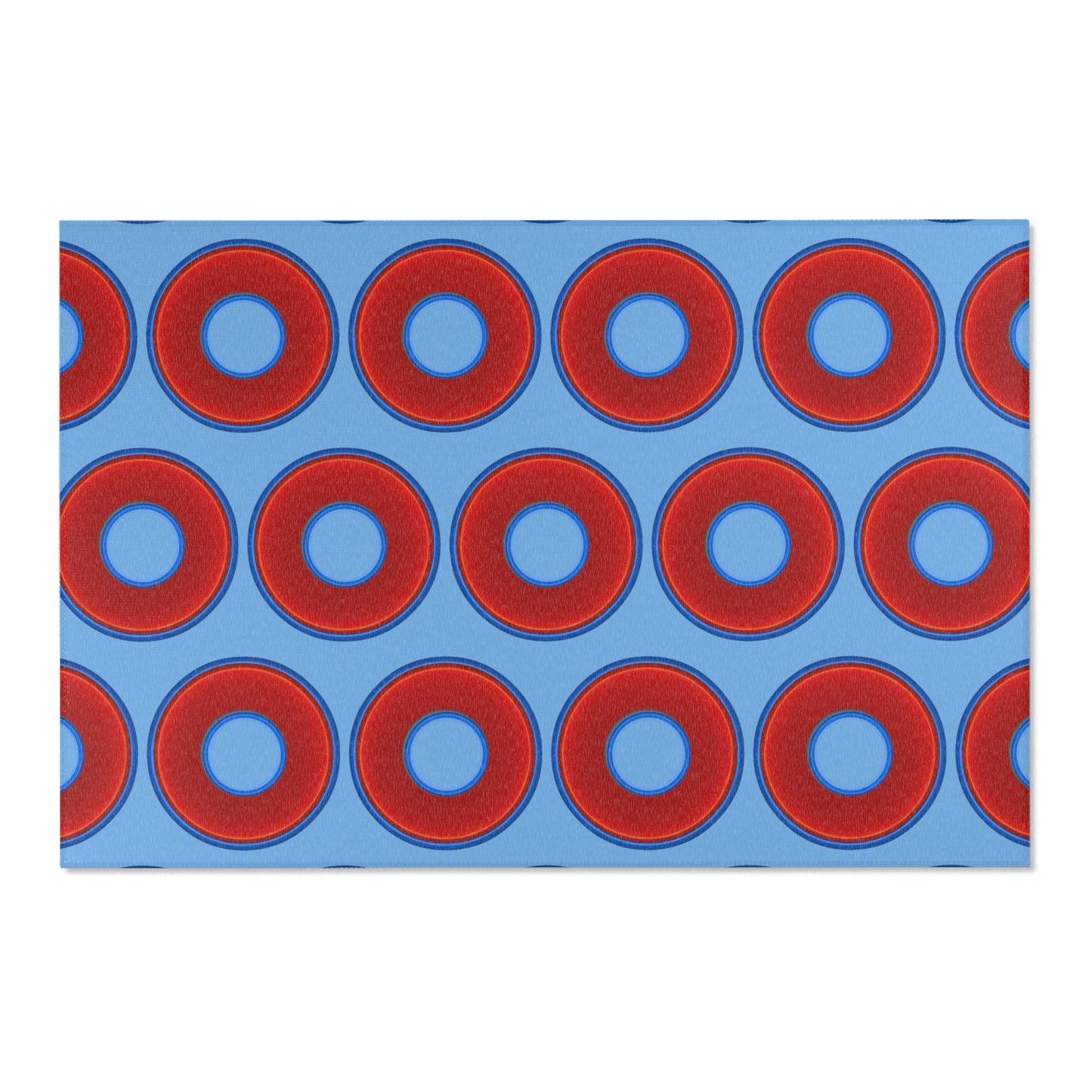 Lumpy Donut Print Rug - choice of 3 sizes - vivid red donut print w/light blue background