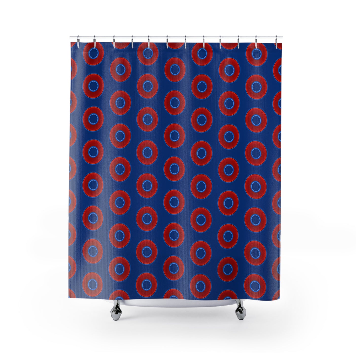 The Curtain With "Donuts" - Lumpy Bath Time Fun - vivid red donuts w/dark blue background