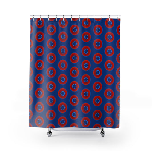 The Curtain With "Donuts" - Lumpy Bath Time Fun - vivid red donuts w/dark blue background