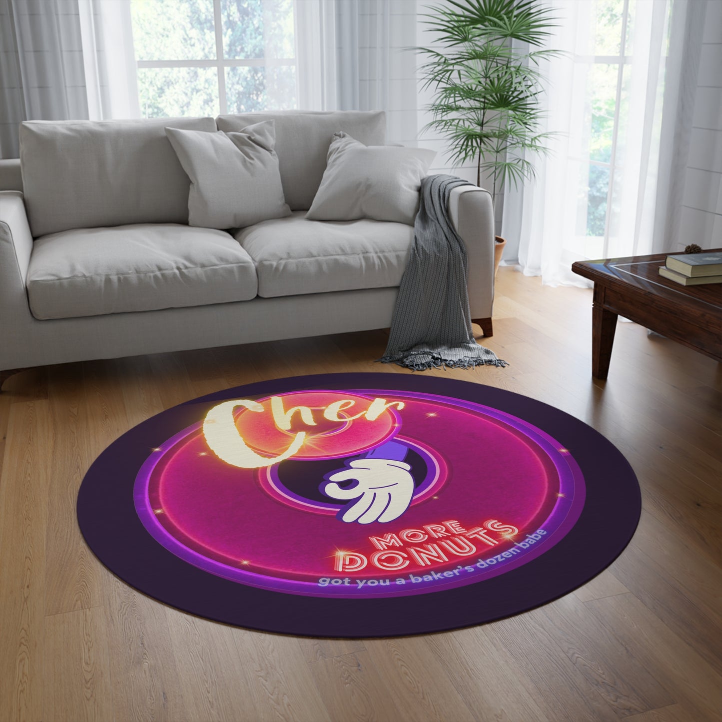 Round Room - 5 ft x 5 ft Lumpy Donut Rug - "Cher-ing is Caring Donut Rug" - vivid magenta donut w/midnight purple background - variant 1 - [*charitable donut]