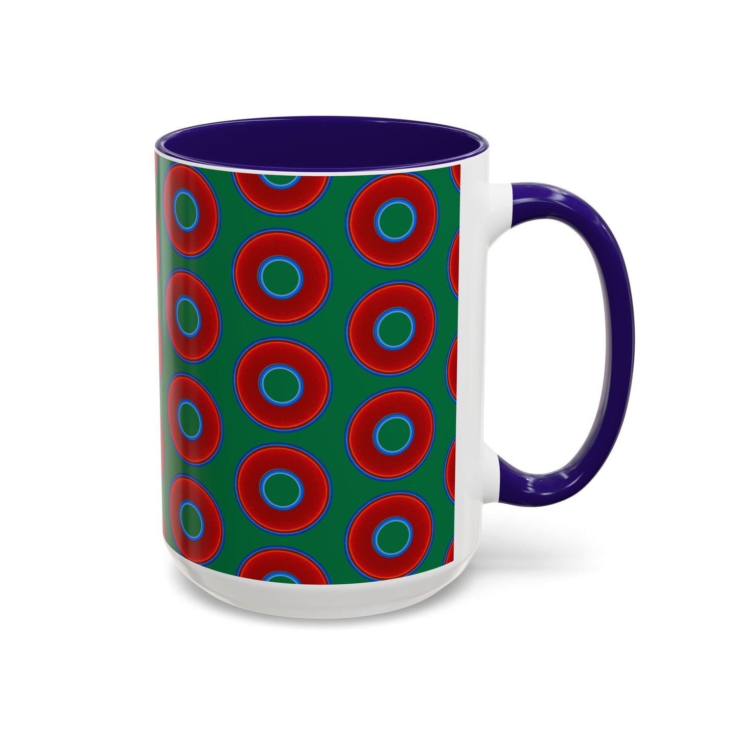 Lump's Grumpy Coffee Mug - vivid red donuts w/green background