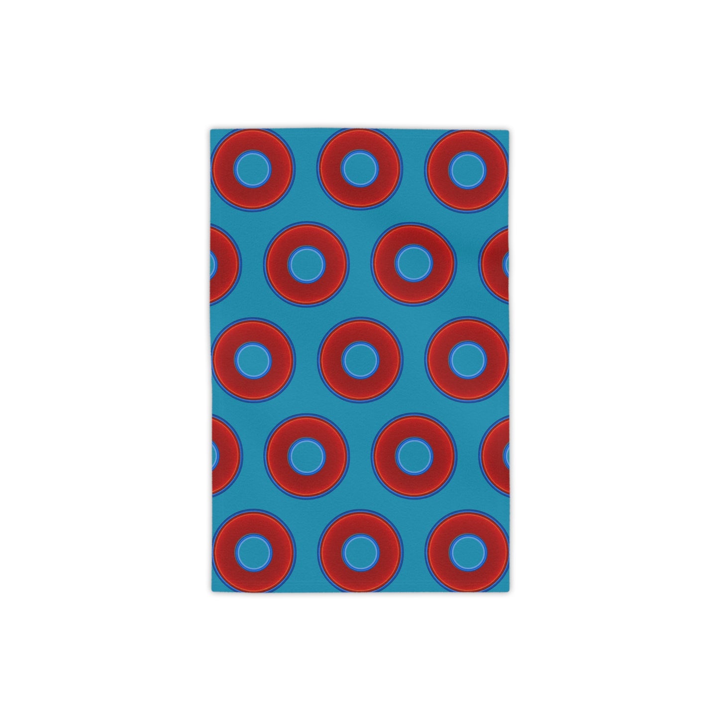 Lumpy Donut Towels - vivid red donuts w/aquamarine blue background