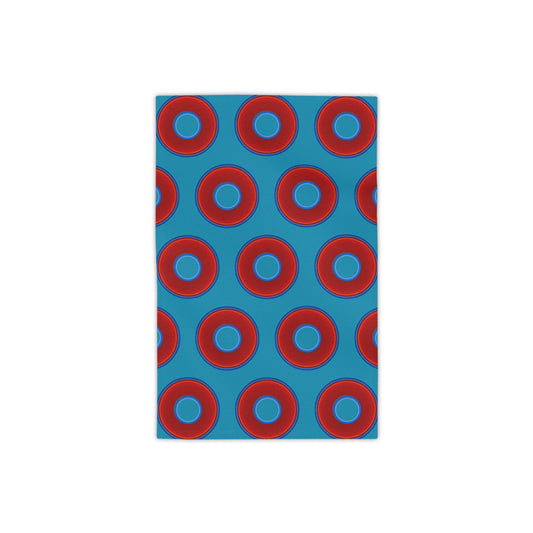Lumpy Donut Towels - vivid red donuts w/aquamarine blue background