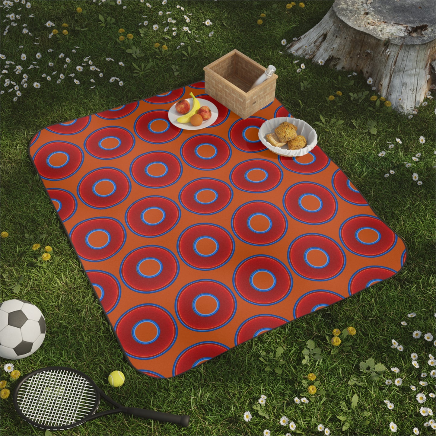 The Lumpy Party Blanket - giant water-resistant outdoor blanket [61" x 51"] - vivid red donuts w/dark orange background