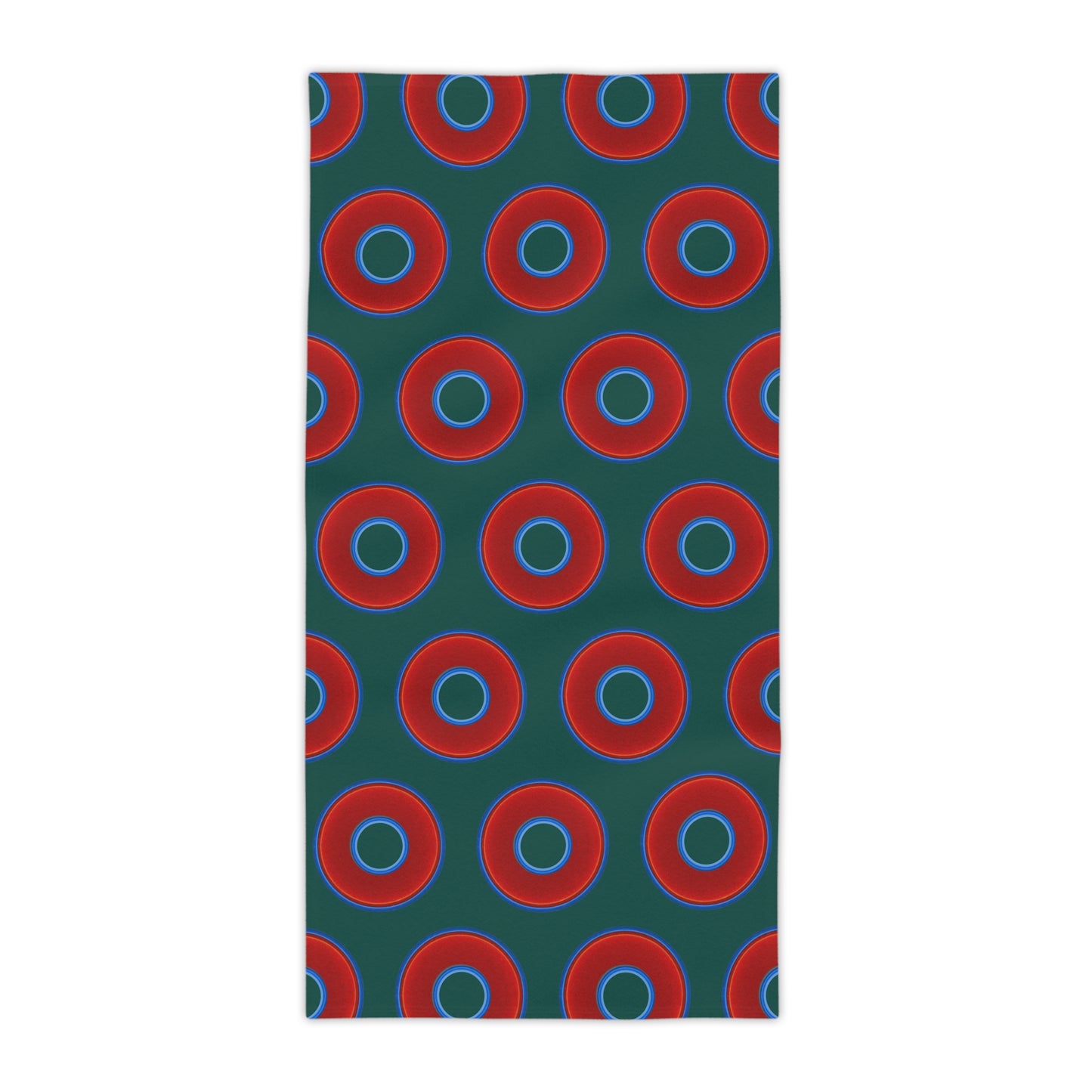 Lumpy Donut Towels - vivid red donuts w/dark Fenway green background