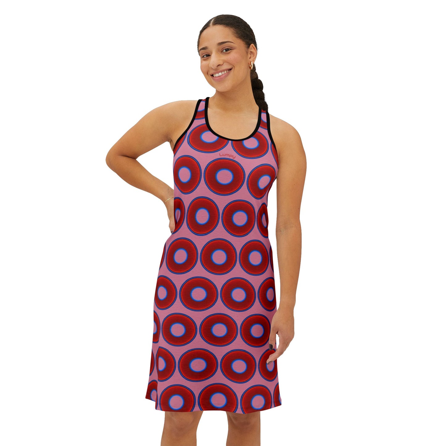 Tela's Lumpy Racerback Donut Dress - red vivid donut print w/pale magenta background