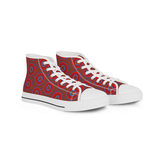 Men's High Top Chucks - large vivid red donut print w/burnt umber background