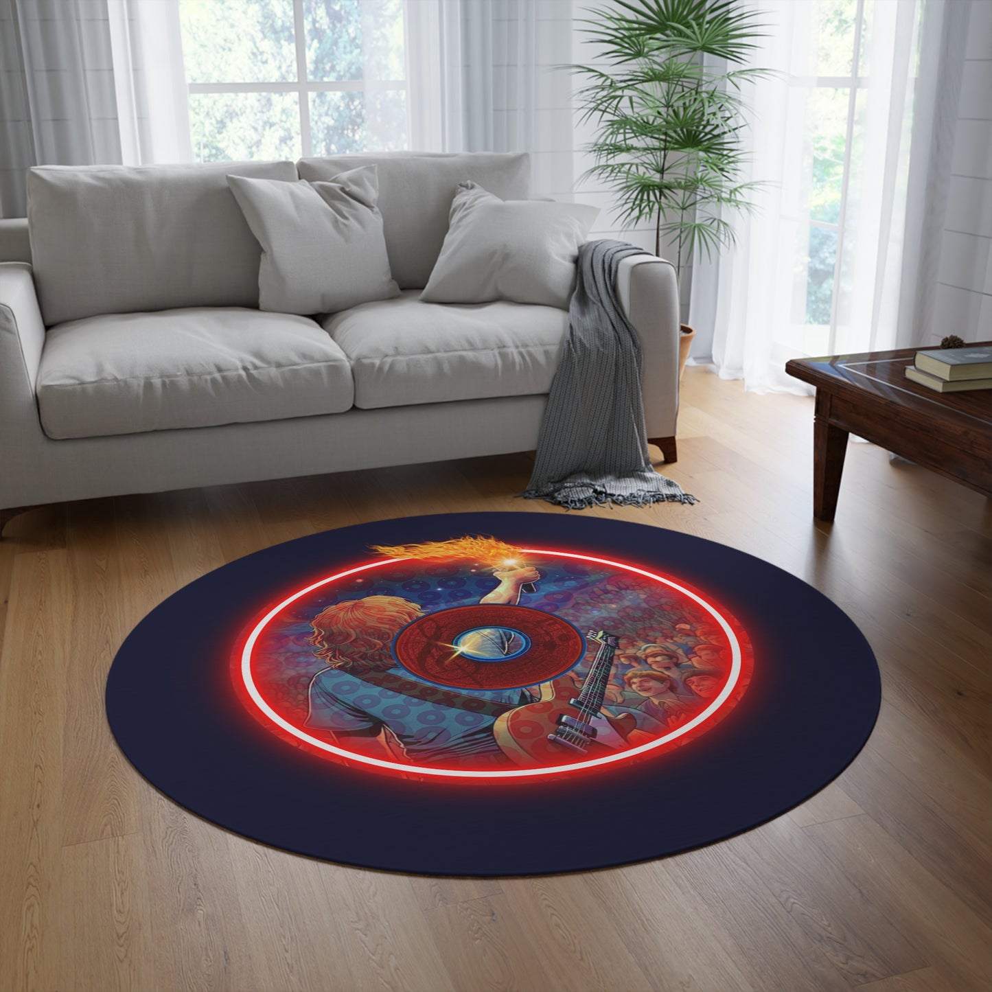 Round Room - 5 ft x 5 ft Lumpy Donut Rug - "Torchbearer's Donut Rug" - vivid red flaming donut w/dark navy background
