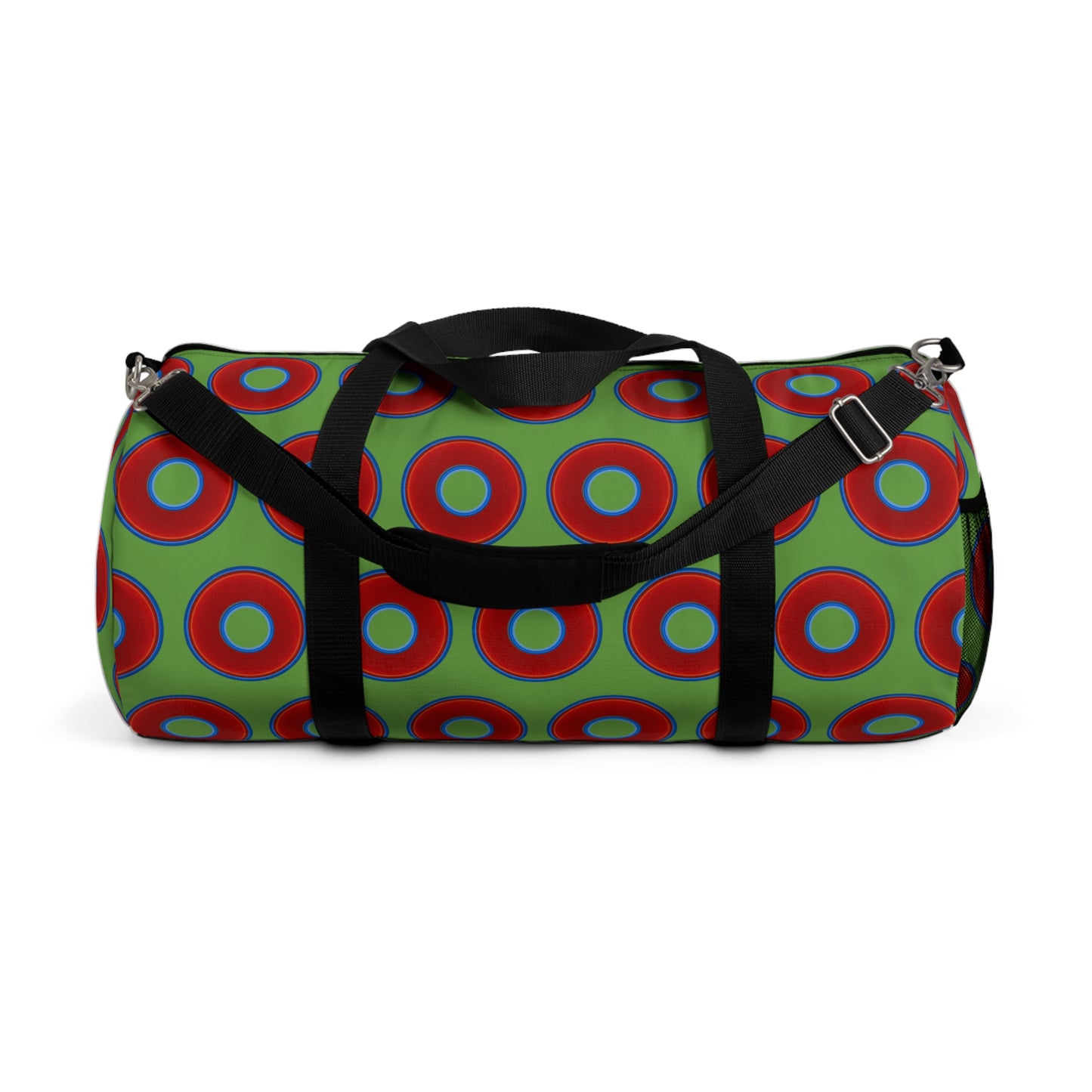 Lumpy Duffel - vivid red donuts w/light green background