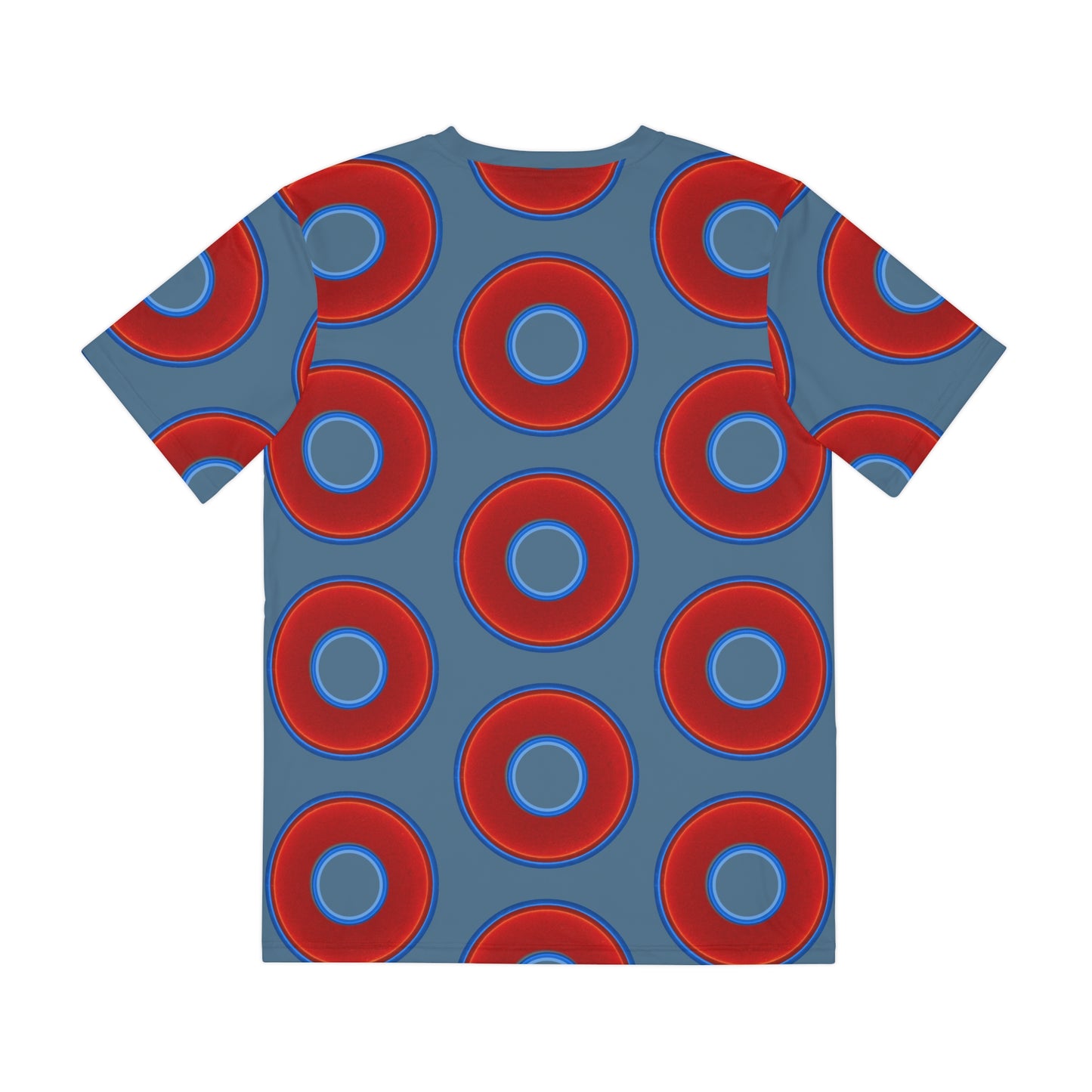 Multi-Beastie Giant Donut AOP Polyester Tee - red vivid donut print w/steel blue background