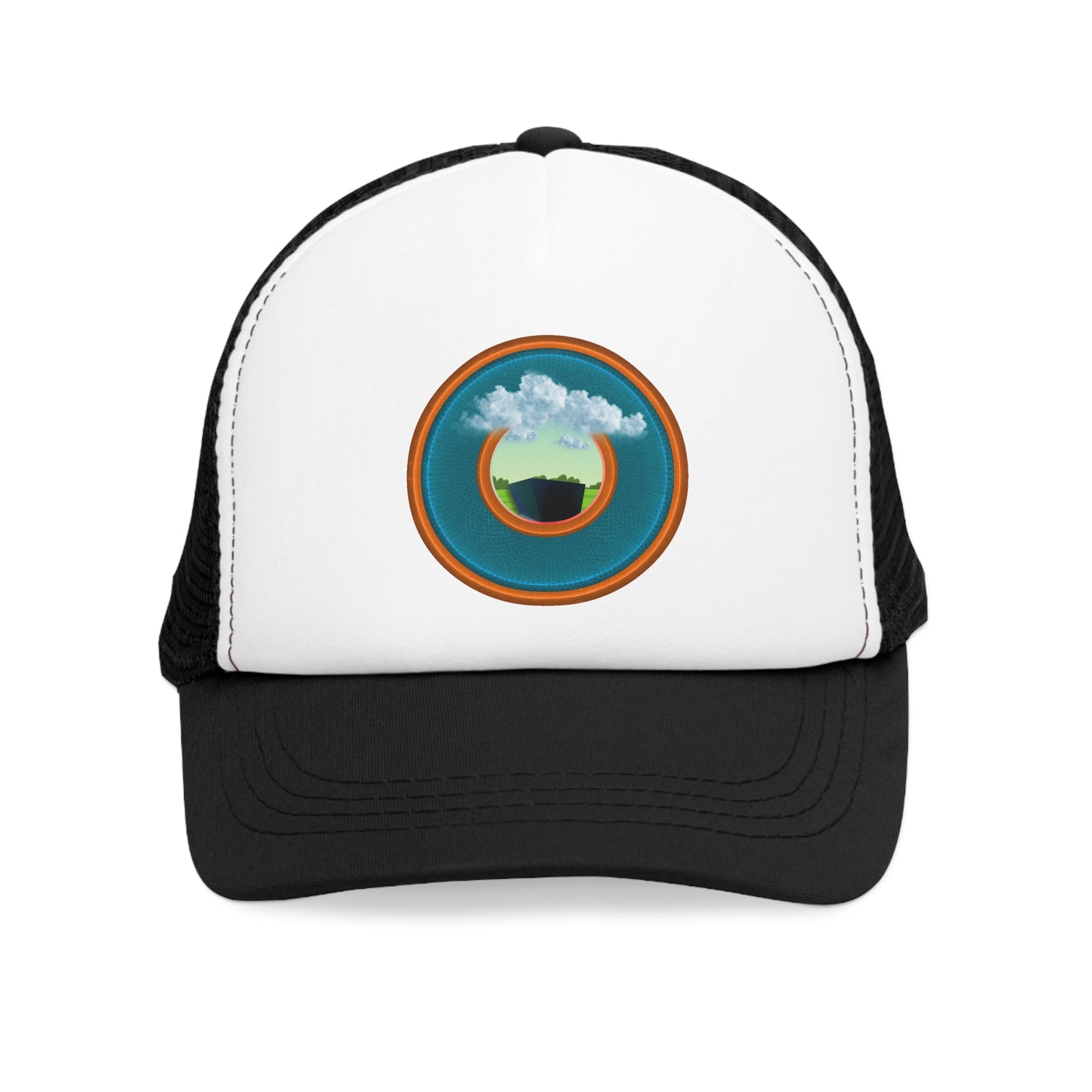 Lumpy Trucker Hat - "Got Rhombus?" - variant 5 - aquamarine/orange donut