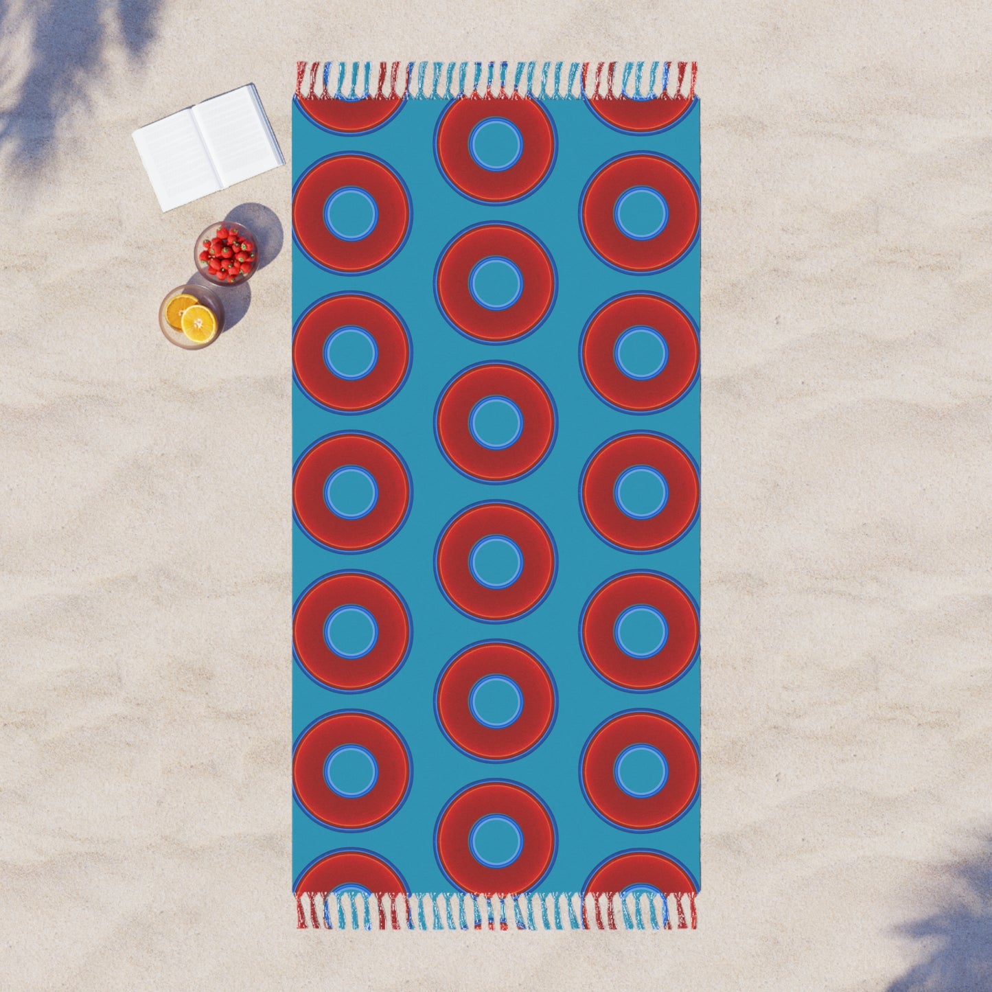 Oversized Lumpy Beach Towel - vivid red donuts w/aquamarine blue background