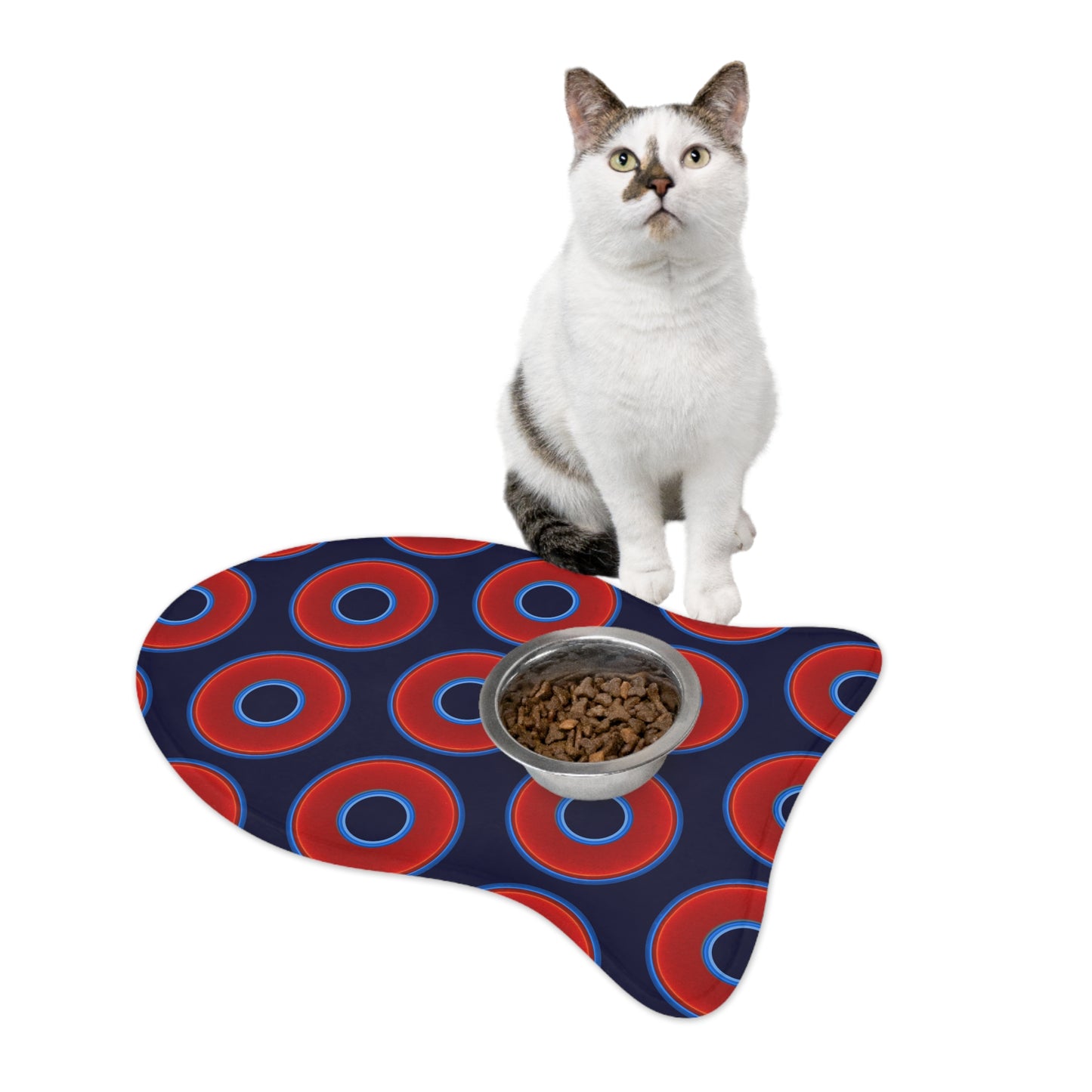 Wendy's Lumpy Pet Feed Mat - vivid red donuts w/midnight blue background