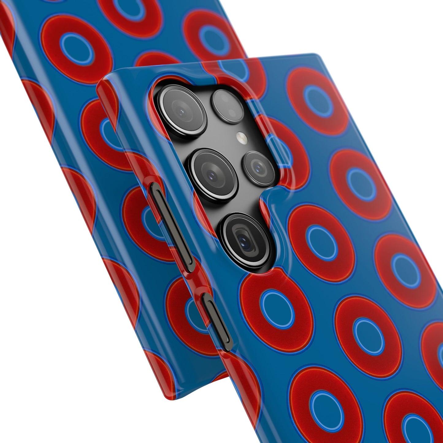 Lumpy Donut Snap Case - red vivid donut print w/wavy navy blue background