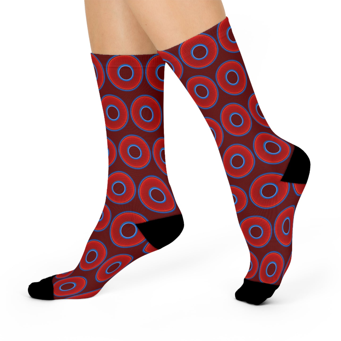 Lumpy Sox - cushioned crew - vivid red donut print w/dark red background