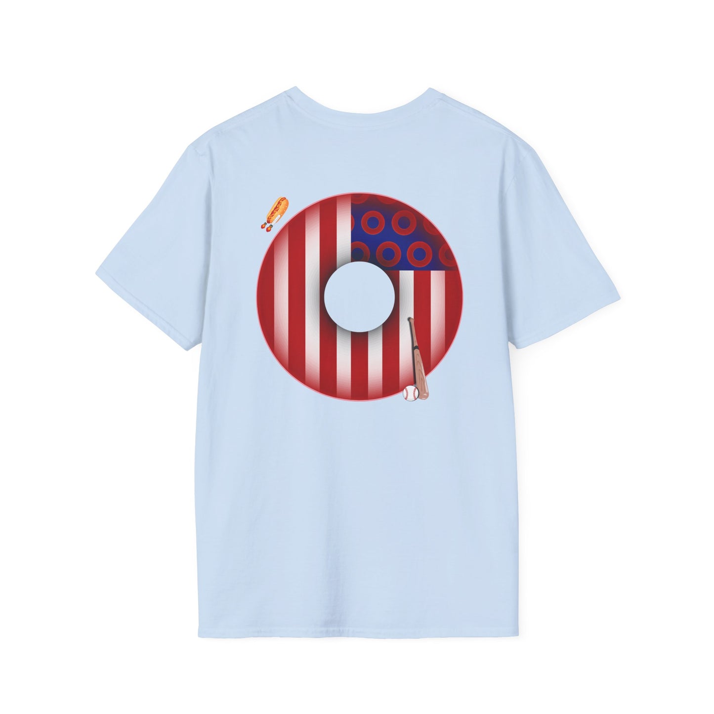 Classic Donut Tee - Unisex Soft-Style - "Uncle Sam's Donuts & Stripes" - vivid flag donut w/raw dogger