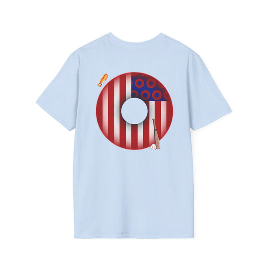 Classic Donut Tee - Unisex Soft-Style - "Uncle Sam's Donuts & Stripes" - vivid flag donut w/raw dogger