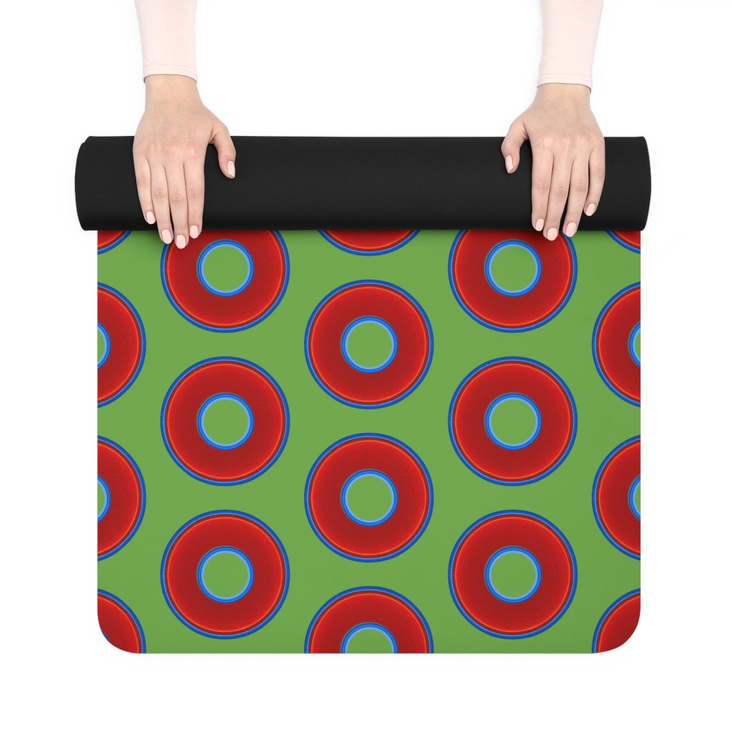 Lumpy Donut Yoga Mat :) - 24″ x 70" - vivid red donut print w/light green background
