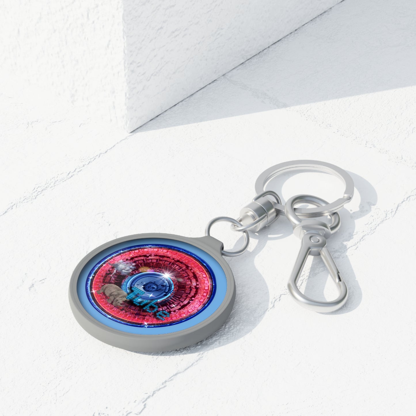 Lumpy Donut Keychain - "Rhinos Do Run From Thunder" - series 1.0 - variant 1 - red/blue donut
