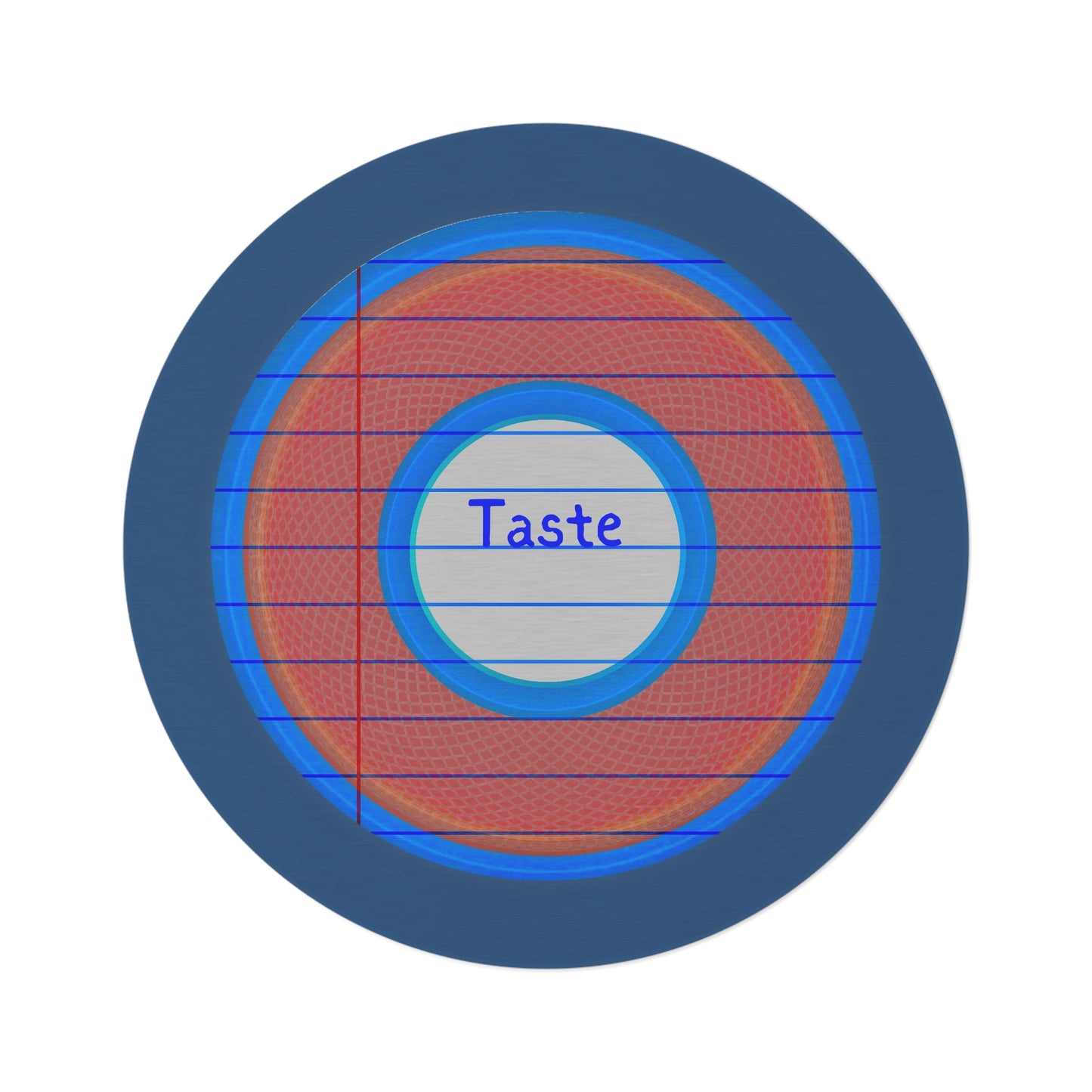 Round Room - 5 ft x 5 ft Lumpy Donut Rug - "Tasty Donut Carpet" - rustic red/blue lined donut w/light navy background - variant 1