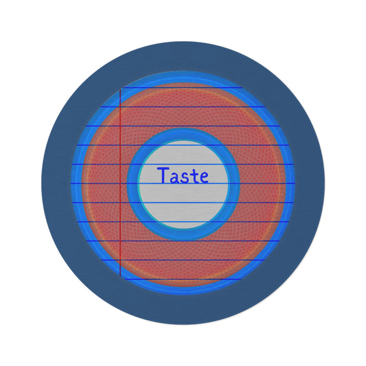 Round Room - 5 ft x 5 ft Lumpy Donut Rug - "Tasty Donut Carpet" - rustic red/blue lined donut w/light navy background - variant 1
